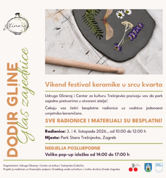 Na fotografiji je promotivni plakat za vikend keramičkih radionica „Dodir gline – glas zajednice” u Parku Stara Trešnjevka u Zagrebu. U gornjem dijelu nalazi se fotografija keramičke ploče od tamne gline ukrašene otiscima i motivima biljaka, cvijeća i grančica. Uz nju je drveni alat za oblikovanje gline, čime se naglašava tema keramike i rada rukama. Lijevom stranom plakata proteže se naziv programa „Dodir gline”, uz logotip Udruge Glineraj. Središnji dio donosi naslov „Vikend festivala keramike u srcu kvarta” te poziv građanima da park pretvore u otvoreni atelje. Na plakatu su istaknute informacije o četiri besplatne radionice, koje se održavaju 3. i 4. listopada 2026. od 10 do 12 sati. Kao mjesto održavanja naveden je Park Stara Trešnjevka u Zagrebu. Posebno je najavljena i velika pop-up izložba u nedjelju poslijepodne, od 14 do 17 sati. Vizualno, plakat kombinira fotografiju prirodnih motiva, zemljane i zelene tonove te tipografiju koja daje dojam ručnog, kreativnog i umjetničkog rada. Pri dnu su navedeni organizatori i financijska potpora Grada Zagreba, uz pripadajuće logotipe.