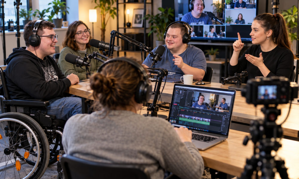 Sudionici inkluzivnog podcasta razgovaraju u studiju, uz mikrofone, kamere i prevoditeljicu na znakovni jezik.