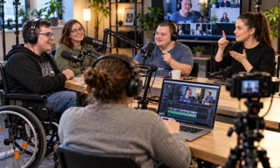 Sudionici inkluzivnog podcasta razgovaraju u studiju, uz mikrofone, kamere i prevoditeljicu na znakovni jezik.