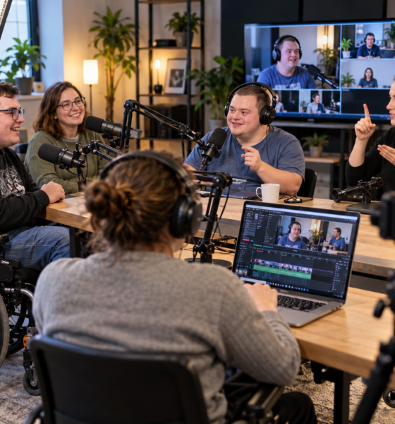 Sudionici inkluzivnog podcasta razgovaraju u studiju, uz mikrofone, kamere i prevoditeljicu na znakovni jezik.