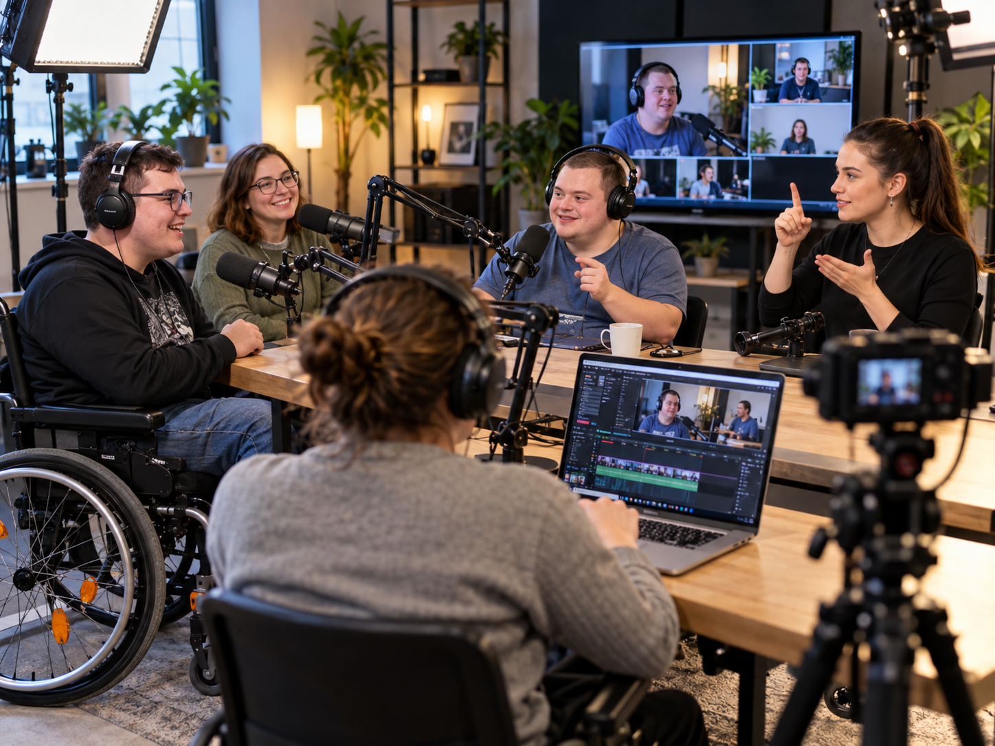 Sudionici inkluzivnog podcasta razgovaraju u studiju, uz mikrofone, kamere i prevoditeljicu na znakovni jezik.