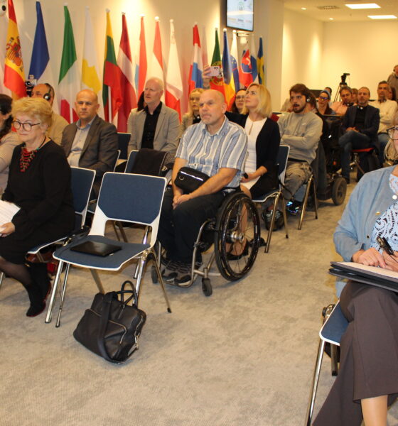 Na fotografiji je prikazana konferencija kojoj prisustvuju predstavnici različitih institucija i organizacija. Sudionici sjede u redovima, prate izlaganje i nose slušalice za simultano prevođenje. U prvom planu vidi se nekoliko sudionika, među kojima su i osobe u invalidskim kolicima. U pozadini su izložene zastave europskih država i Europske unije. Fotografija prikazuje međunarodno okupljanje posvećeno suradnji, razmjeni iskustava i temama pristupačnosti i uključivanja osoba s invaliditetom u društvo.