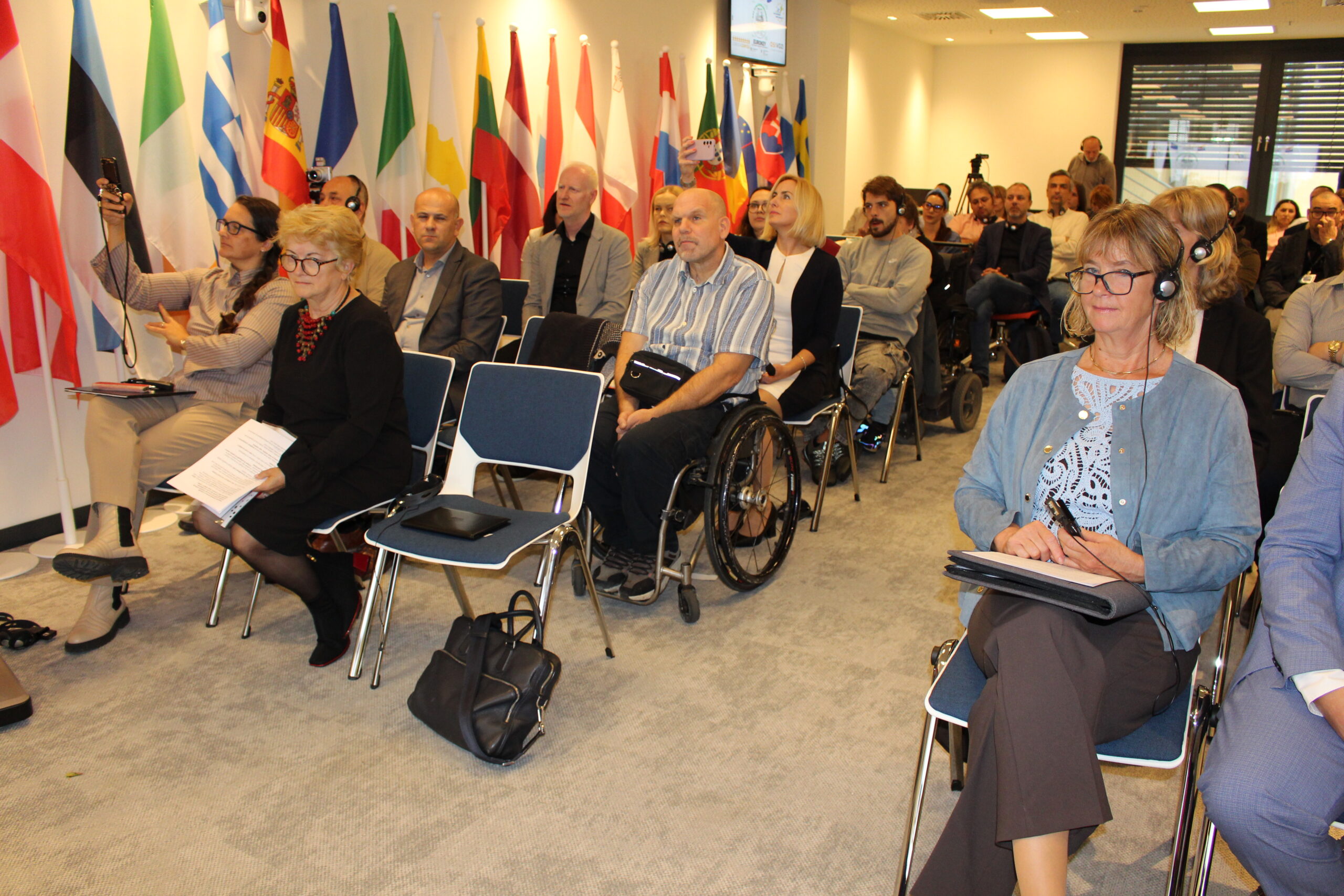 Na fotografiji je prikazana konferencija kojoj prisustvuju predstavnici različitih institucija i organizacija. Sudionici sjede u redovima, prate izlaganje i nose slušalice za simultano prevođenje. U prvom planu vidi se nekoliko sudionika, među kojima su i osobe u invalidskim kolicima. U pozadini su izložene zastave europskih država i Europske unije. Fotografija prikazuje međunarodno okupljanje posvećeno suradnji, razmjeni iskustava i temama pristupačnosti i uključivanja osoba s invaliditetom u društvo.