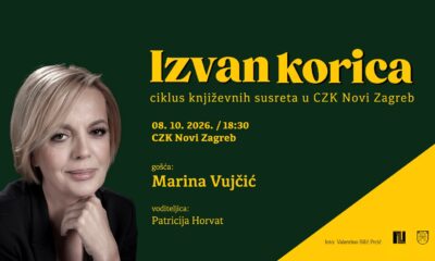 Najavni vizual književnog susreta „Izvan korica“ s gošćom Marinom Vujčić u CZK Novi Zagreb.