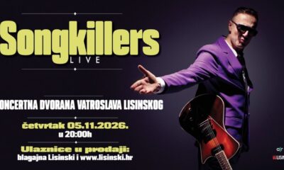 Najavni plakat koncerta grupe Songkillers 5. studenoga 2026. u Lisinskom, s fotografijom glazbenika u ljubičastom odijelu.
