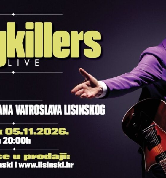 Najavni plakat koncerta grupe Songkillers 5. studenoga 2026. u Lisinskom, s fotografijom glazbenika u ljubičastom odijelu.