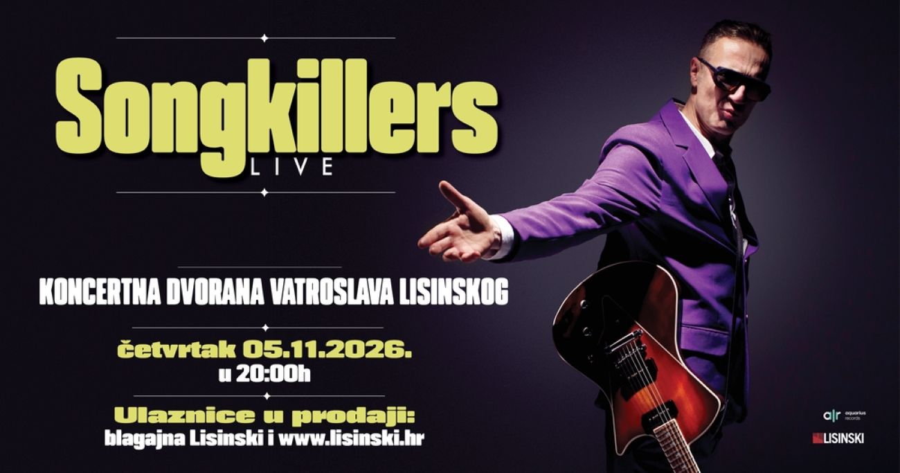 Najavni plakat koncerta grupe Songkillers 5. studenoga 2026. u Lisinskom, s fotografijom glazbenika u ljubičastom odijelu.