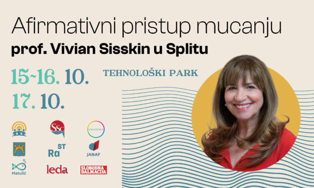 Plakat najavljuje događaj „Afirmativni pristup mucanju – prof. Vivian Sisskin u Splitu”, koji će se održati 15., 16. i 17. listopada u Tehnološkom parku Split. U središtu plakata nalazi se fotografija prof. Vivian Sisskin, američke logopedinje i stručnjakinje za mucanje. Dizajn je jednostavan i moderan, s bež podlogom, tirkiznim i plavim detaljima te žutim krugom iza fotografije. Valovite linije u donjem dijelu plakata simbolično podsjećaju na govor i glas. Datumi događanja istaknuti su velikim, lako čitljivim slovima na lijevoj strani, dok se pri dnu nalaze logotipi organizatora, partnera, sponzora i medijskog pokrovitelja. Plakat vizualno ističe važnost stručnog pristupa mucanju i najavljuje događaj namijenjen stručnjacima, osobama koje mucaju i njihovim obiteljima.