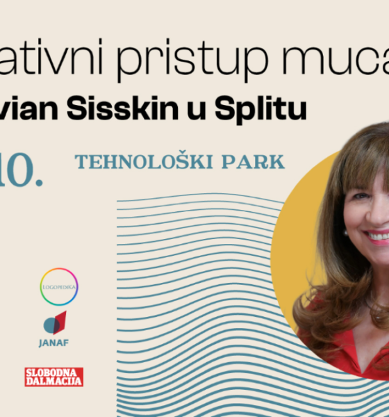 Plakat najavljuje događaj „Afirmativni pristup mucanju – prof. Vivian Sisskin u Splitu”, koji će se održati 15., 16. i 17. listopada u Tehnološkom parku Split. U središtu plakata nalazi se fotografija prof. Vivian Sisskin, američke logopedinje i stručnjakinje za mucanje. Dizajn je jednostavan i moderan, s bež podlogom, tirkiznim i plavim detaljima te žutim krugom iza fotografije. Valovite linije u donjem dijelu plakata simbolično podsjećaju na govor i glas. Datumi događanja istaknuti su velikim, lako čitljivim slovima na lijevoj strani, dok se pri dnu nalaze logotipi organizatora, partnera, sponzora i medijskog pokrovitelja. Plakat vizualno ističe važnost stručnog pristupa mucanju i najavljuje događaj namijenjen stručnjacima, osobama koje mucaju i njihovim obiteljima.