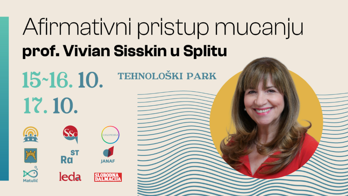 Plakat najavljuje događaj „Afirmativni pristup mucanju – prof. Vivian Sisskin u Splitu”, koji će se održati 15., 16. i 17. listopada u Tehnološkom parku Split. U središtu plakata nalazi se fotografija prof. Vivian Sisskin, američke logopedinje i stručnjakinje za mucanje. Dizajn je jednostavan i moderan, s bež podlogom, tirkiznim i plavim detaljima te žutim krugom iza fotografije. Valovite linije u donjem dijelu plakata simbolično podsjećaju na govor i glas. Datumi događanja istaknuti su velikim, lako čitljivim slovima na lijevoj strani, dok se pri dnu nalaze logotipi organizatora, partnera, sponzora i medijskog pokrovitelja. Plakat vizualno ističe važnost stručnog pristupa mucanju i najavljuje događaj namijenjen stručnjacima, osobama koje mucaju i njihovim obiteljima.
