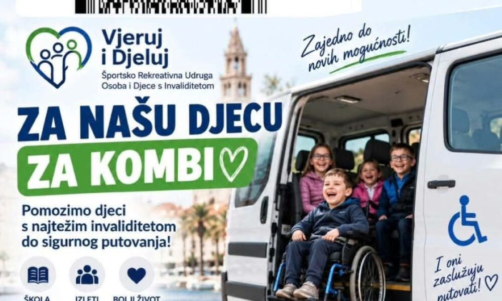 Na slici je promotivni plakat donatorske akcije „Za našu djecu – za kombi“, koju provodi Športsko rekreativna udruga osoba i djece s invaliditetom Vjeruj i Djeluj. U središnjem dijelu nalazi se fotografija kombija prilagođenog za prijevoz osoba u invalidskim kolicima, a u njemu su prikazana djeca. Velikim slovima istaknuta je poruka „ZA NAŠU DJECU ZA KOMBI“, uz poziv „Pomozimo djeci s najtežim invaliditetom do sigurnog putovanja!“ Na plakatu su istaknute i poruke „Zajedno do novih mogućnosti!“, „Mala pomoć, velike promjene!“ te „I oni zaslužuju putovati!“. Prikazane su i tri važne svrhe nabave kombija – škola, izleti i bolji život. U gornjem dijelu nalazi se QR kod uz poziv „Skeniraj kod i doniraj!“, dok su pri dnu navedeni podaci za uplatu donacija, uključujući IBAN udruge, naziv udruge, adresu, OIB, e-mail i telefonski broj. Vizualno, plakat koristi plavu i zelenu boju, a fotografija djece i prilagođenog kombija naglašava humanitarnu svrhu akcije i potrebu za sigurnim prijevozom djece s invaliditetom.